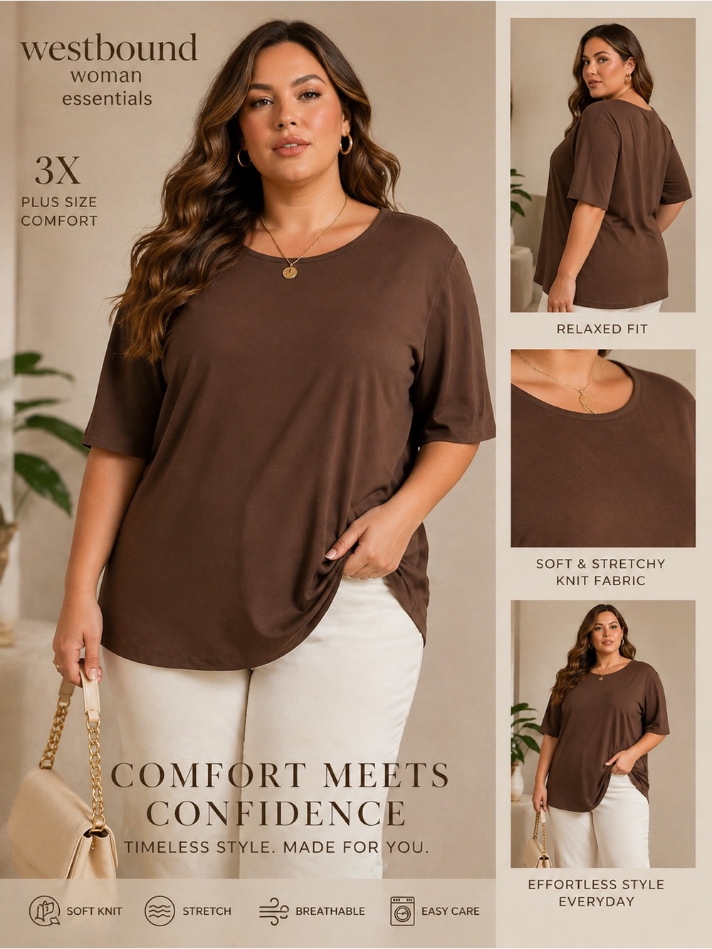 Westbound Woman Essentials 3X Brown Knit Top Short Sleeve Plus Size Casual Stret